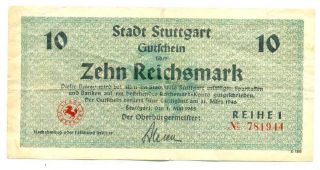 Germany Notgeld Post Wwii Stadt Stuttgart 10 Reichsmark 1.  09.  1945 Reihe 1 F/vf