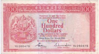 1983 Hong Kong,  Hsbc 100 Dollars.  Circulated Banknote.