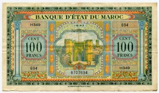 Morocco 1943 Issue 100 Francs Large Banknote Crisp.  Pick 27a.