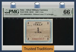 Tt Pk M10b 1943 Italy / Allied Military Currency 1 Lira Pmg 66 Epq Gem Unc