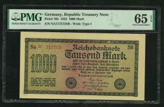 Germany : 1000 Mark 1922 ; Pmg : Gem Unc 65 ; Epq