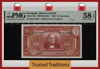 Tt Pk 187c 1952 Paraguay Banco Central 10 Guaranies Pmg 58 Epq Choice About Unc
