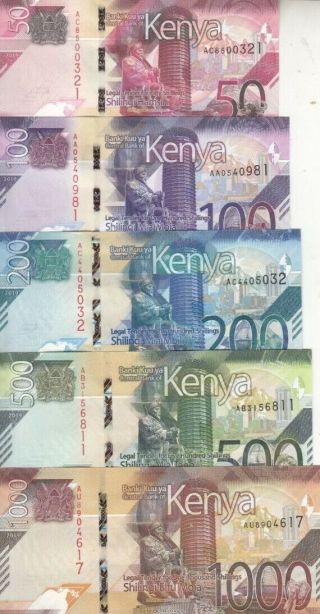 Kenya 50 100 200 500 1000 Shillings 2019 P - Unc Full Set /