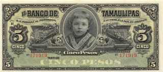 México / Tamaulipas 5 Pesos Nd.  1914 M 520r Series H Uncirculated Banknote Mm