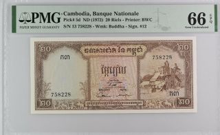 Cambodia 20 Riels Nd 1972 P 5 D Gem Unc Pmg 66 Epq