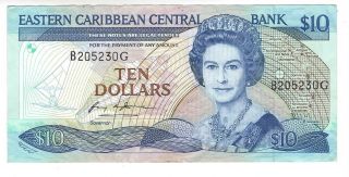 Eastern Caribbean $10 Dollars Vf/xf Banknote (1985 Nd) P - 23g1 Grenada Prefix B
