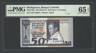 Madagascar 50 Francs = 10 Ariary Nd (1974 - 75) P62a Uncirculated Grade 65