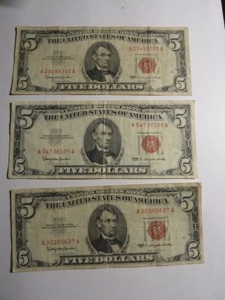 Three (3) 1963 Five Dollars Bill Red Seal United States Of America Low Ship