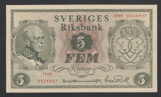Sweden 5 Kronor 1948 Xf,  P.  41,  Banknote,  Circulated