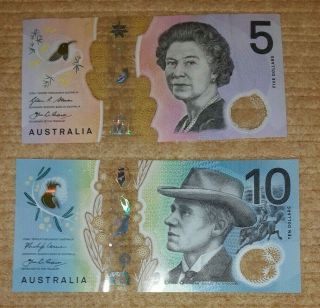 2 " Design " Australian Dollar Notes; $10 $5 Bank Note Australia Banknote Bill