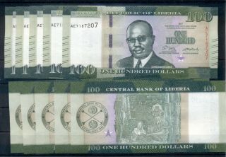 Liberia 100 Dollars Unc Note 2017 X 10 Notes