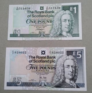 Royal Bank Of Scotland 1 Pound 1999 & 5 Pounds 2010 Bills