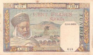 Banque De Algeria And Tunisia 100 Francs 1942 P - 13 Af Dar Hassan Pasha