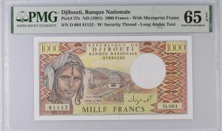 Djibouti 1000 Francs Nd 1991 P 37 E Gem Unc Pmg 65 Epq