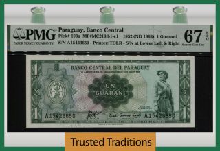 Tt Pk 193a 1952 Paraguay Banco Central 1 Guarani Pmg 67 Epq Gem Unc