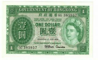1959 Government Of Hong Kong 1 Dollars Banknote Series Unc P324ab