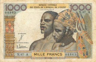 West African States 1000 2.  3.  1965 P 103ad Series X.  47 Circulated Banknote