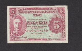 5 Cent Very Fine Banknote From British Malaya 1941 Pick - 7