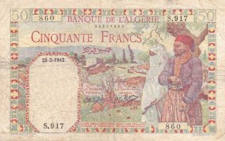 Banque De Algeria 50 Francs 1942 P - 84 Af El - Djem Amphitheatre
