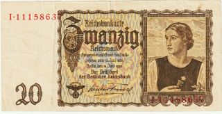 Germany - Third Reich 20 Reichsmark Banknote 16.  6.  1939 Very Fine Pick 185 " Nazi "