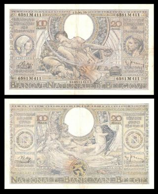 Belgium 13.  6.  1939 100 Francs 20 Belgas Large Size Banknote