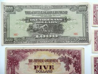 WWII MALAYSIA 1940 ' s THE JAPANESE GOVERNMENT BANK NOTES 4x $1000 $10 $5 etc 3