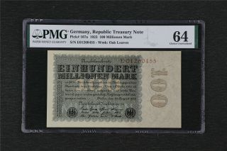 1923 Germany Republic Treasury Note 100 Millionen Mark Pick 107a Pmg 64 Unc