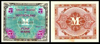 1944 Germany Allierte Militarbehorde 5 Mark Aunc Banknote