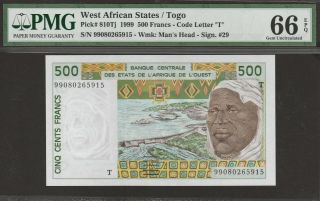 Pmg - 66 Epq Gem Unc West African States " T " 500 Francs 1999 Togo P - 810tj/b115ti