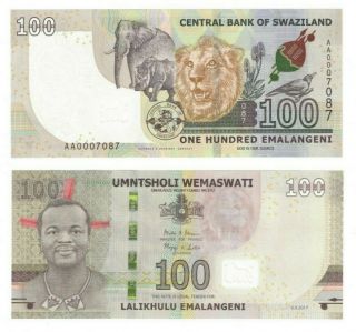 2017 Swaziland Eswatini Banknote P42 100 Emalangeni Unc Low Serial Number