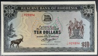 Rhodesia Reserve Bank $10 Ten Dollar 2 Jan 1979 Sn929894 P 41 Grade: Unc A1614