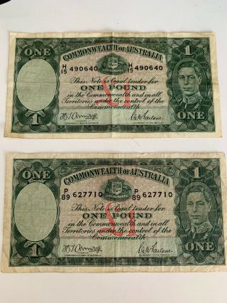 1942 Commonwealth Of Australia 1 Pound Currency Banknote (2 Notes)