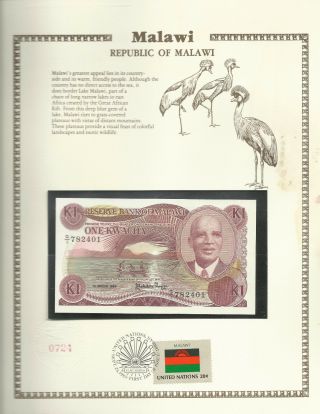 Malawi Banknote 1986 1 Kwacha P 19a Unc With Un Fdi Flag Stamp Prefix G/1