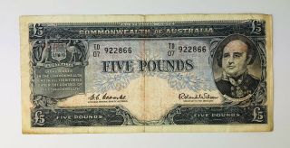 Common Wealth Of Australia £5 Five Pounds Banknote Rare