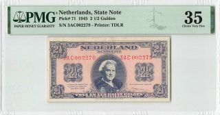 Netherlands 2½ Gulden 1945 State Note Pick 71 Pmg Choice Very Fine 35