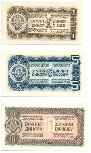 YUGOSLAVIA 1,  5,  10 Dinara (WWII - 1944) Pick 48,  49,  50,  UNC RARE 2