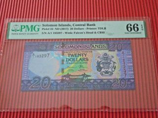 Solomon Island Central Bank $20 Dollars Pick 34 2017 Pmg 66 Gem Unc Epq