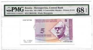 68 Epq Pmg 5 Convertible Mark Nd (1998) Bosnia Herzegovina Banknote 62a Top Pop