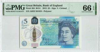 Great Britain 5 Pounds 2015 England,  P - 394,  Pmg 66 Epq Gem Unc,  Sign: Cleland