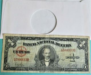 1949 Jose Marti 1 Peso Bank Note.  In Money Holder Envelope.  (2456)
