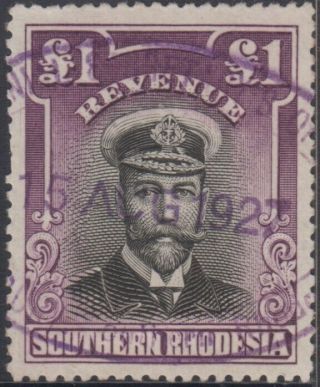 Stamp Southern Rhodesia 1 Pound Kgv Revenue 1927 Violet Oval Fiscal Postmark