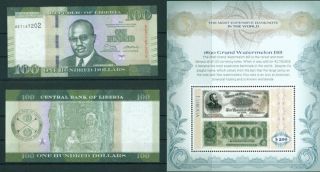 Liberia Most Expensive Banknote Mnh Stamp Sheet And 100 Dollars Unc Note 2017