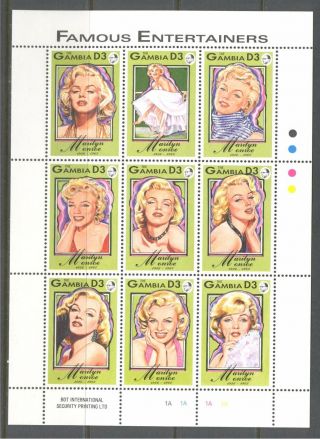 Gambia 1993,  Movies,  Entertainers: Marilyn Monroe,  Scott 1398,  Sheet Of 9,  Mnh