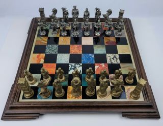 Vintage Heavy Cast Metal Chess Set Silver & Gold Color 4 " King W/ Wooden Board