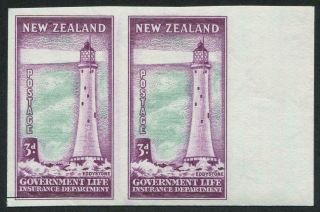 Zealand: 1947 - 65 (sg.  L46) 3d Eddystone Lighthouse Imperforate Proof Pair Muh