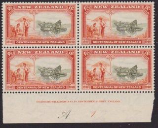 Zealand 1940 Centenary 9d Plate Block Fine Cp Cat Nz$220. .  2797