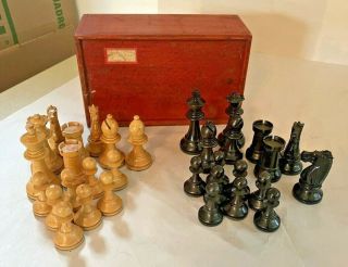 Antique Carved Wood Chess Set In Red Slide - Top Box