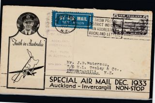 Zealand 1933 Special Airmail Faith Cover To Invercargill Jk3671