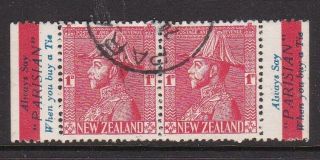 Zealand 1926 Kgv 1d Fine Pair With Selvedge Adverts