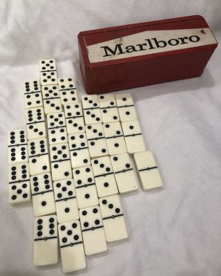 Vintage 80s Marlboro Collectable Double Six Dominoes In Wood Box Ivory Color